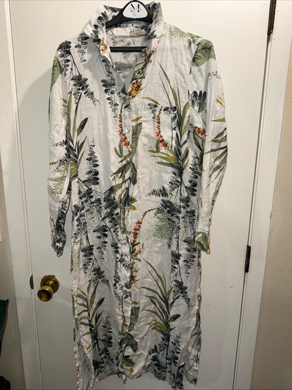Luisa Perla Botanical full linen  Long Sleeve Maxi Shirt Dress - White/Green